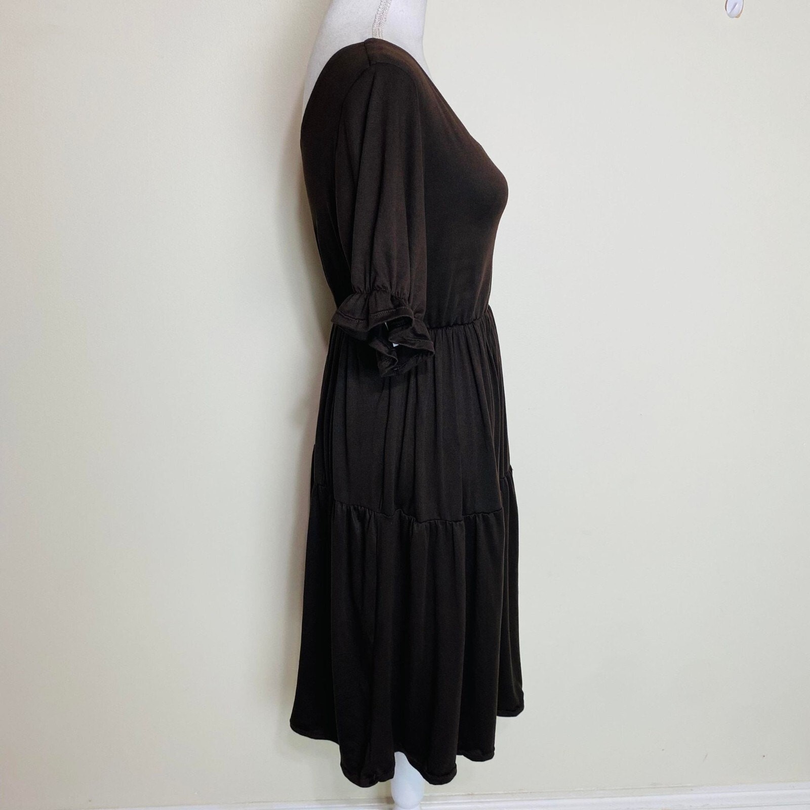 Puff Sleeve Square Neck Long Dress for Women, Fits Small to Medium,Brown