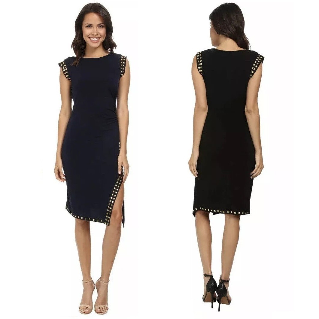 MICHAEL Michael Kors Asymmetrical Studded Sleeveless Side Slit Sheath Dress, S