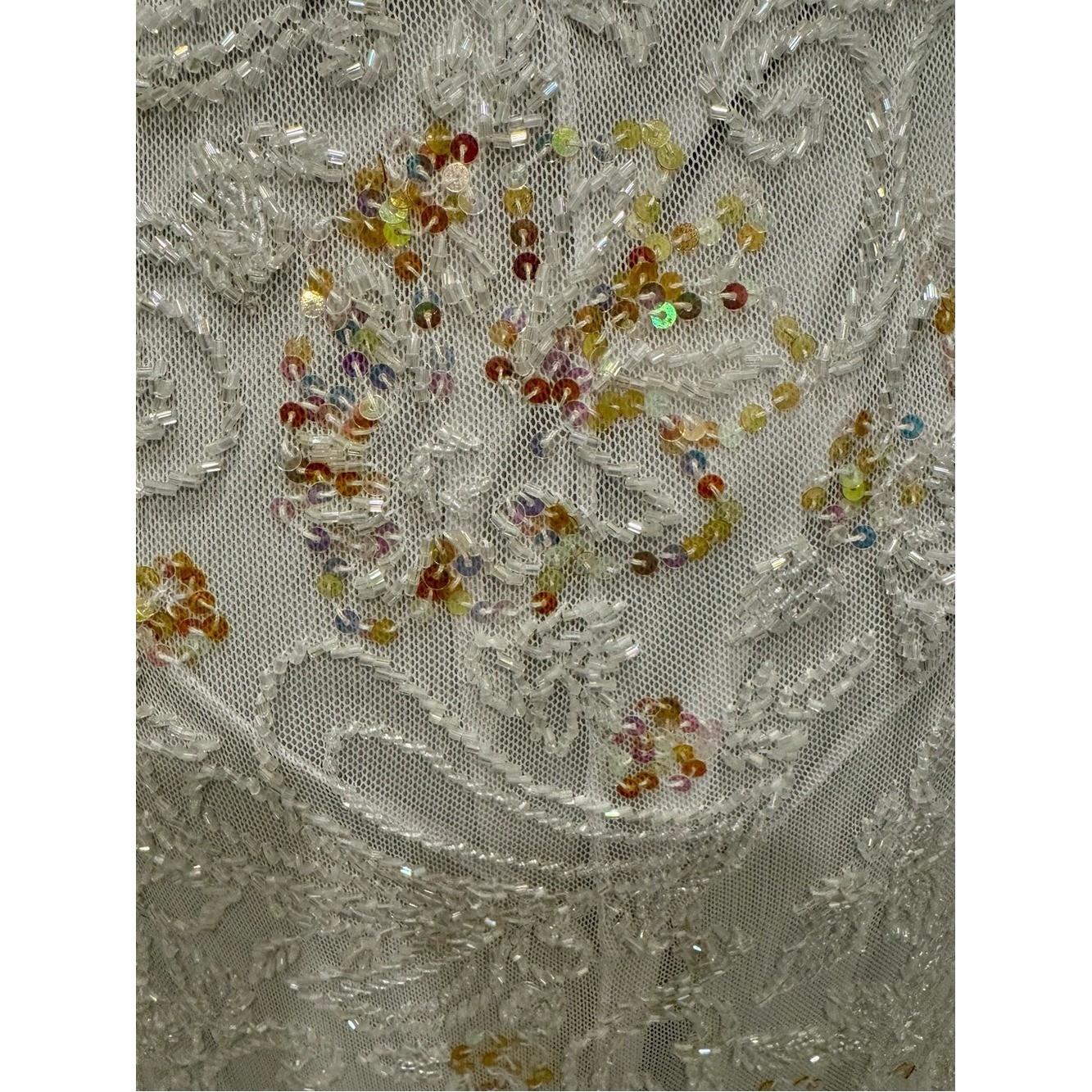 White hand Beaded Ruffle Backless Evening Dress. Power mesh stretch fabric.