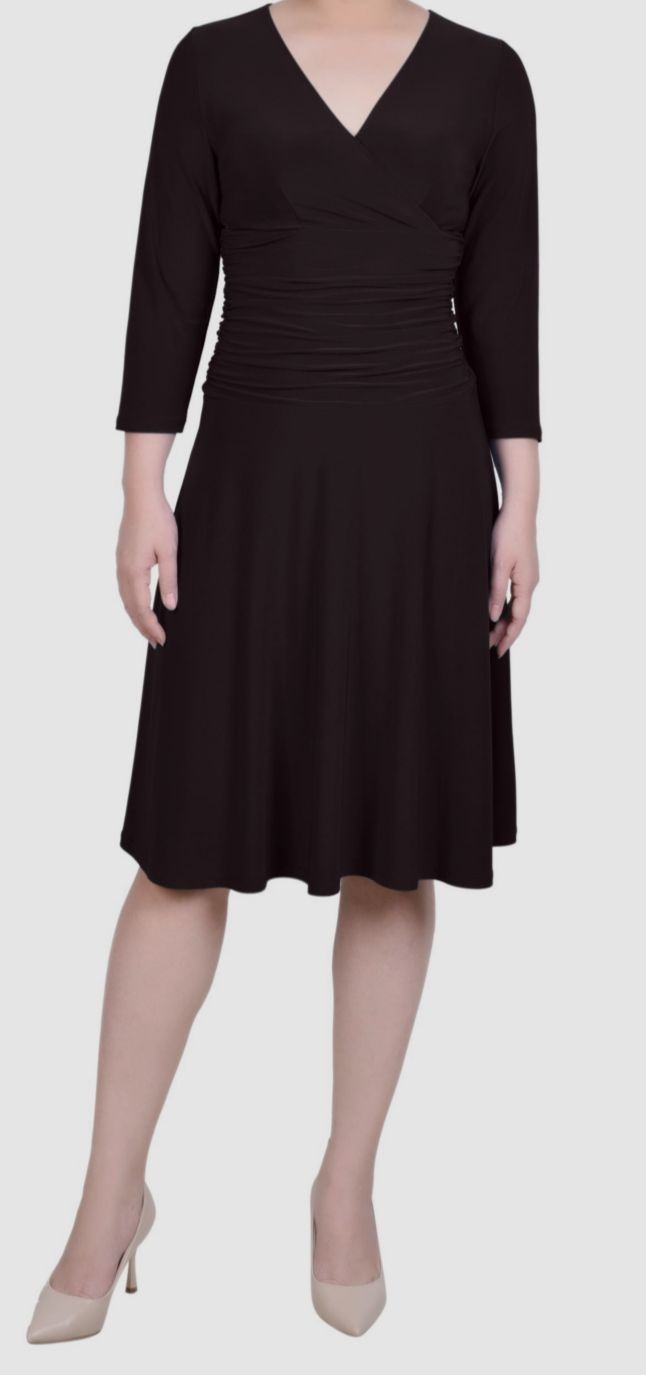 NY Collection Women’s Brown 3/4 Sleeve Rouched-Waist Dress Petite Size 6P