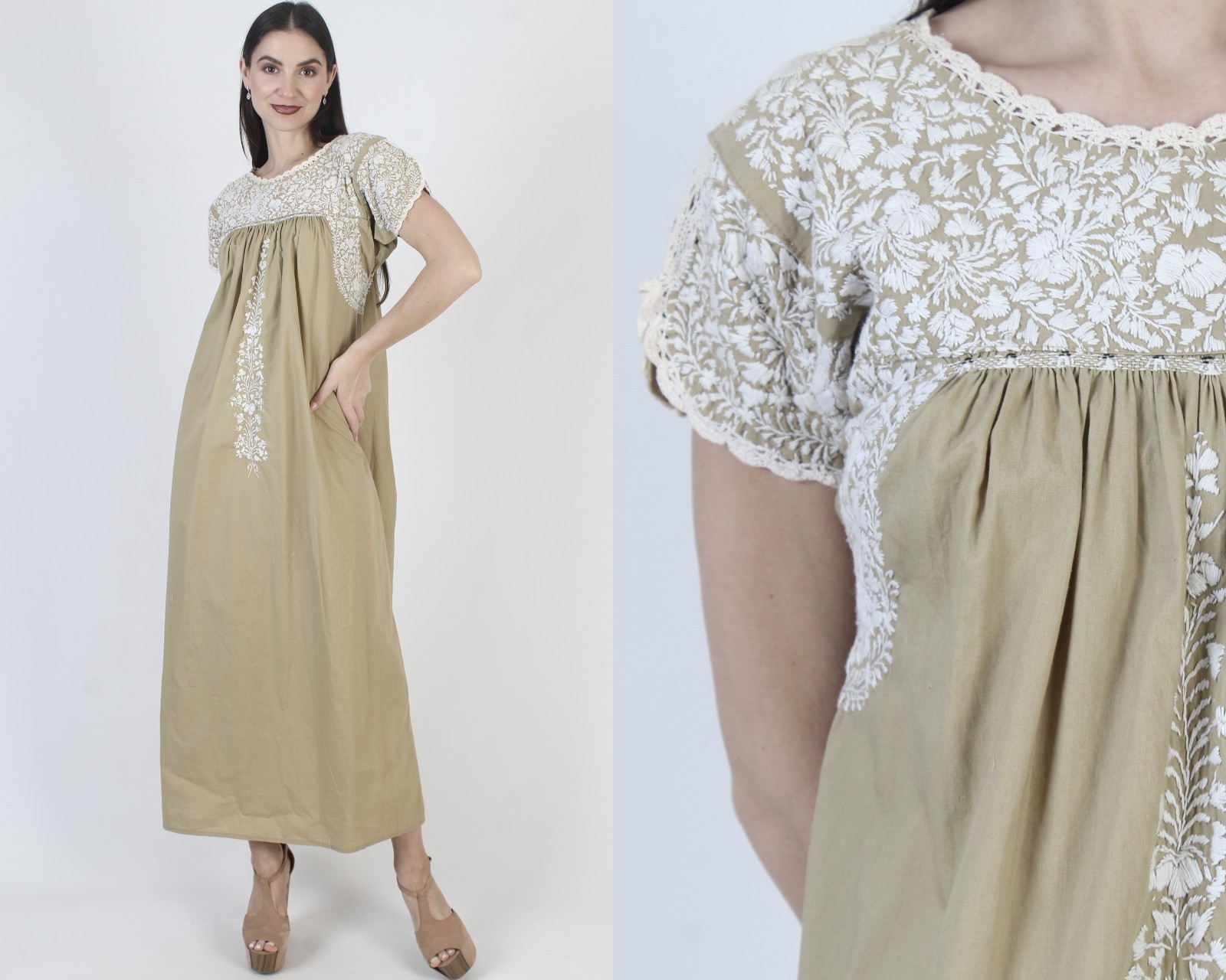Tan Cotton Oaxacan Dress Vtg White Embroidered Mexican San Antonia Puebla Kaftan