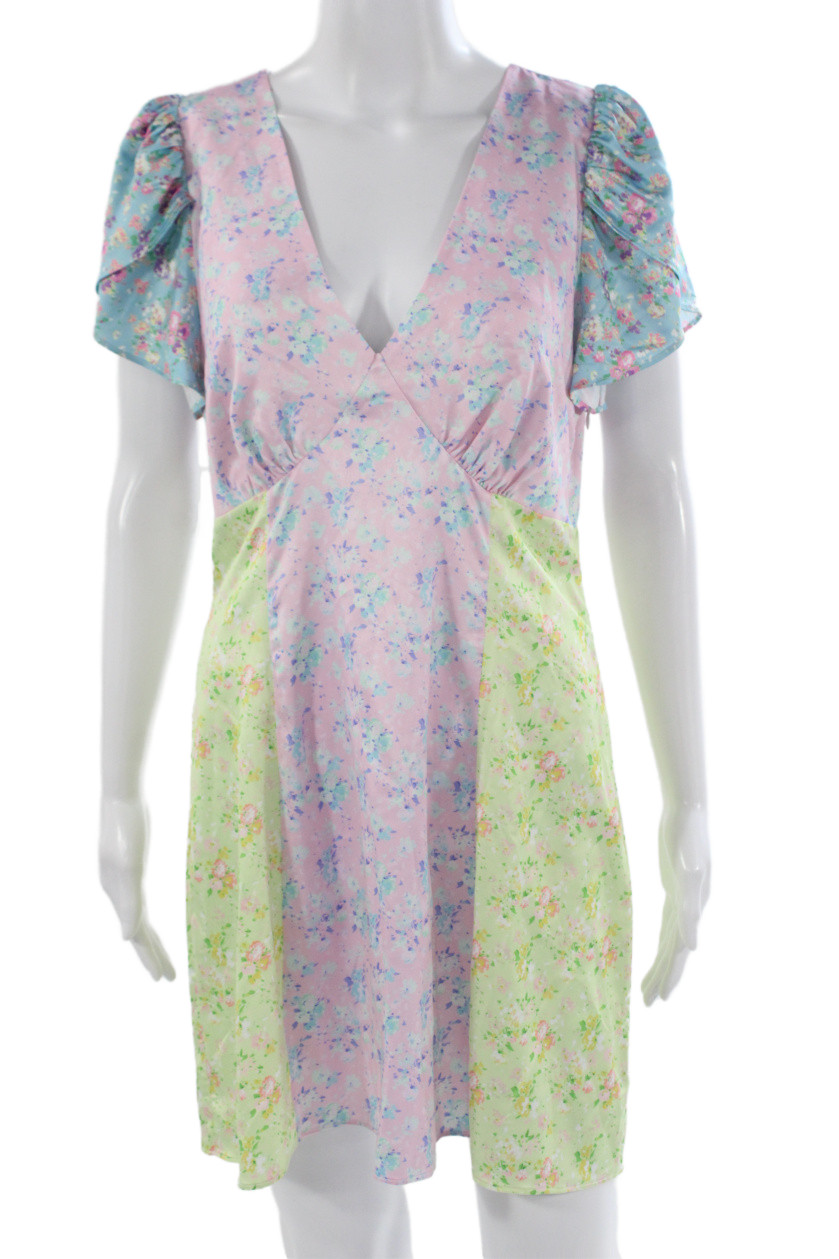 Love Shack Fancy Women A-Line Mini Dress Light Blue Floral V-Neck Size 10