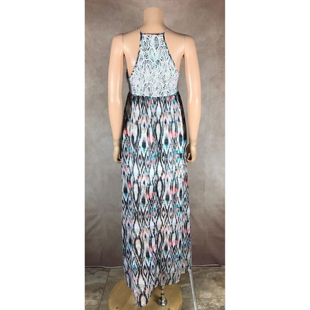 Belle Du Jour Juniors’ Multi-Color Printed Crochet-Trim Maxi Dress NWT Medium