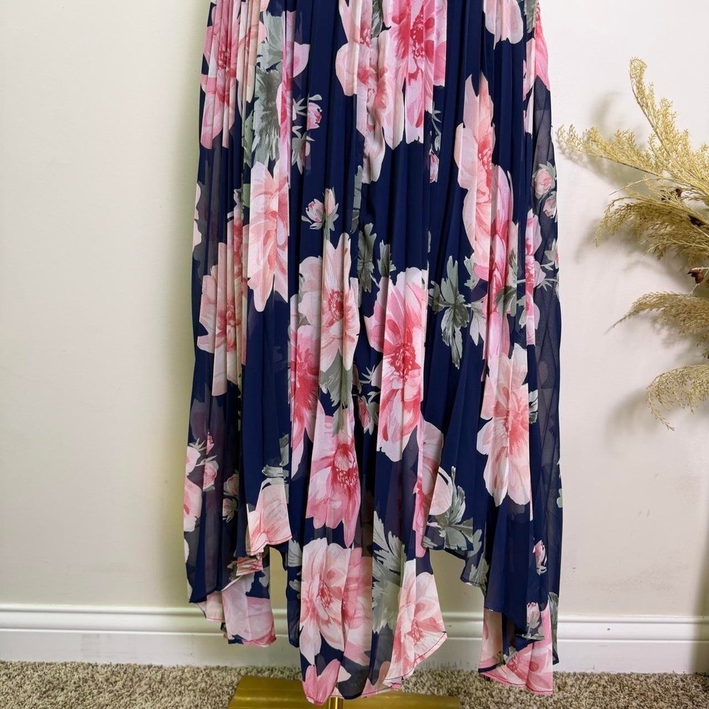 Premier Amour Size 14 Navy & Pink Floral Pleated Handkerchief Maxi Dress
