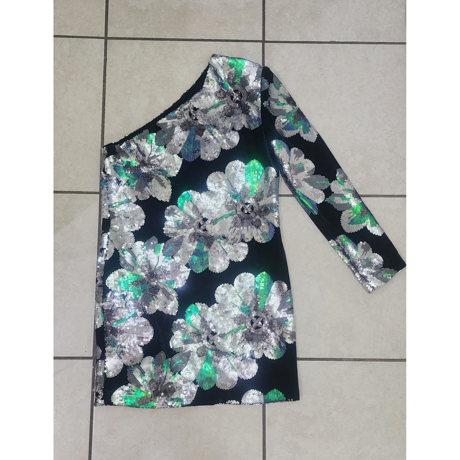 Sabina Musayev Womens One Shoulder Sequin Floral Velvet Mini Dress Silver Green
