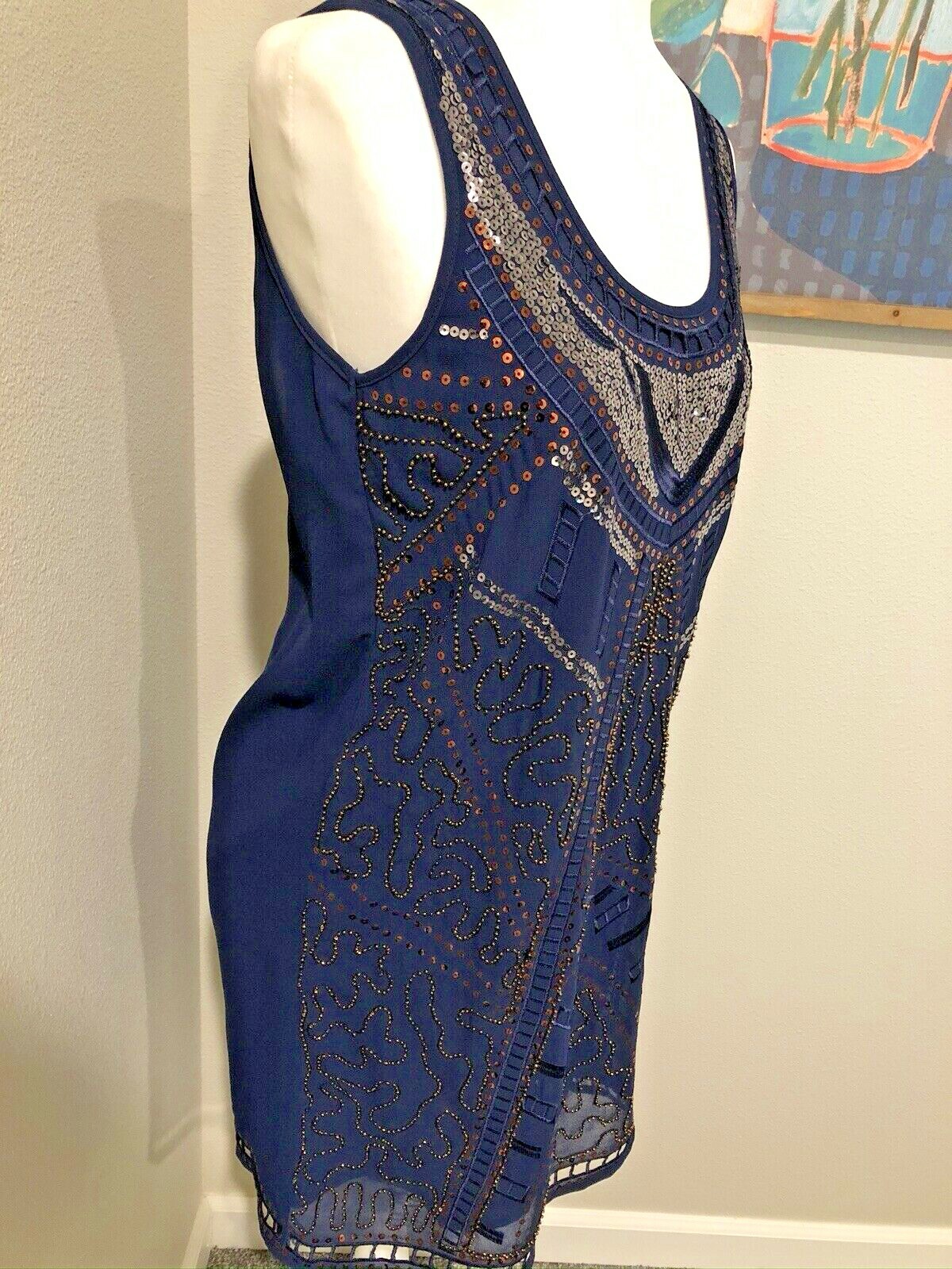 Navy Blue Beaded Sequined Sheath Evening Dress~S~ Cocktails Art Deco Flapper NWT