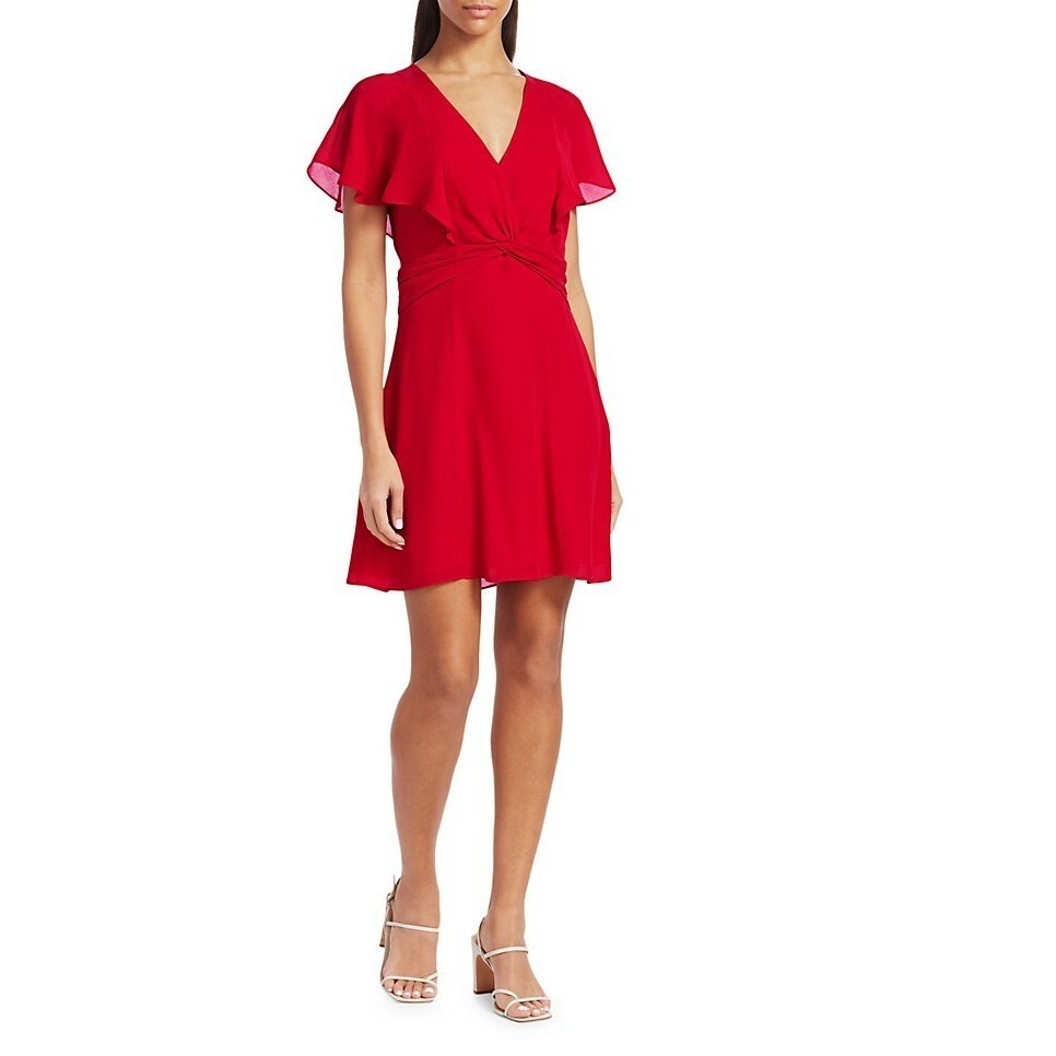 PARKER Kate Silk V-neck Flutter Sleeve Knotted Waist A-Line Mini Dress, 0, 2 Red