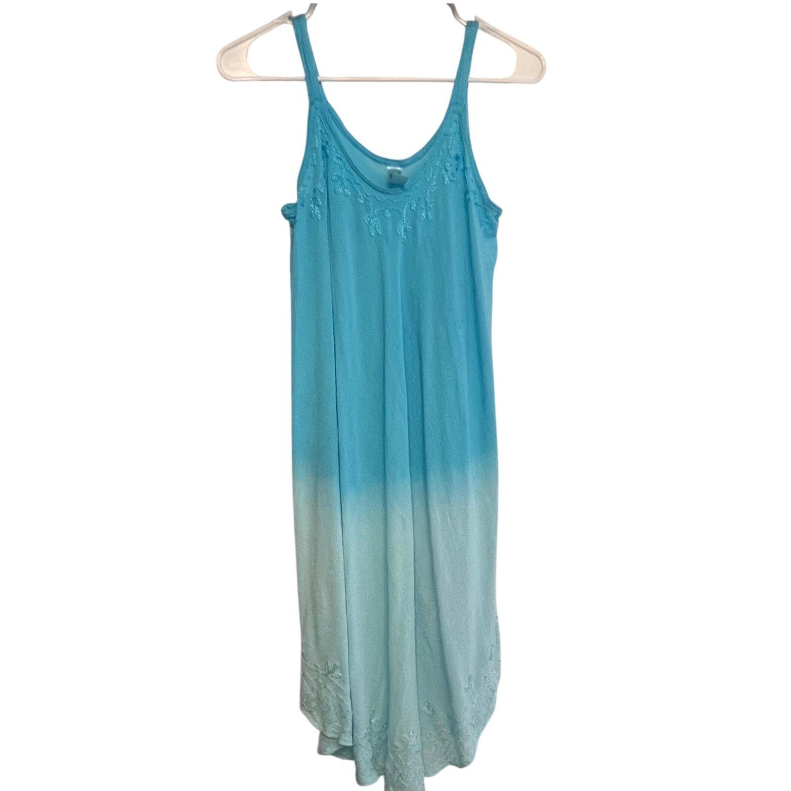 India Boutique Blue Ombre Embroidered Rayon Handkerchief Hem Midi Dress OS