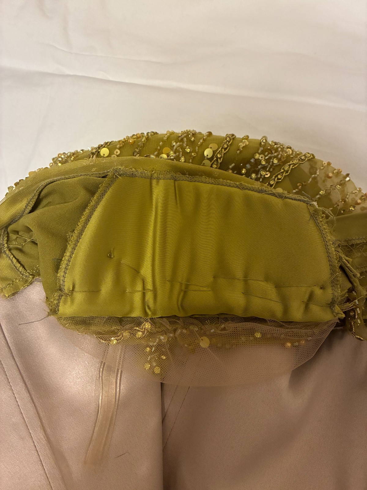 Olive Green Gold Beaded Sequin Evening Gown Sz M 6 Formal Maxi Dress Custom Made