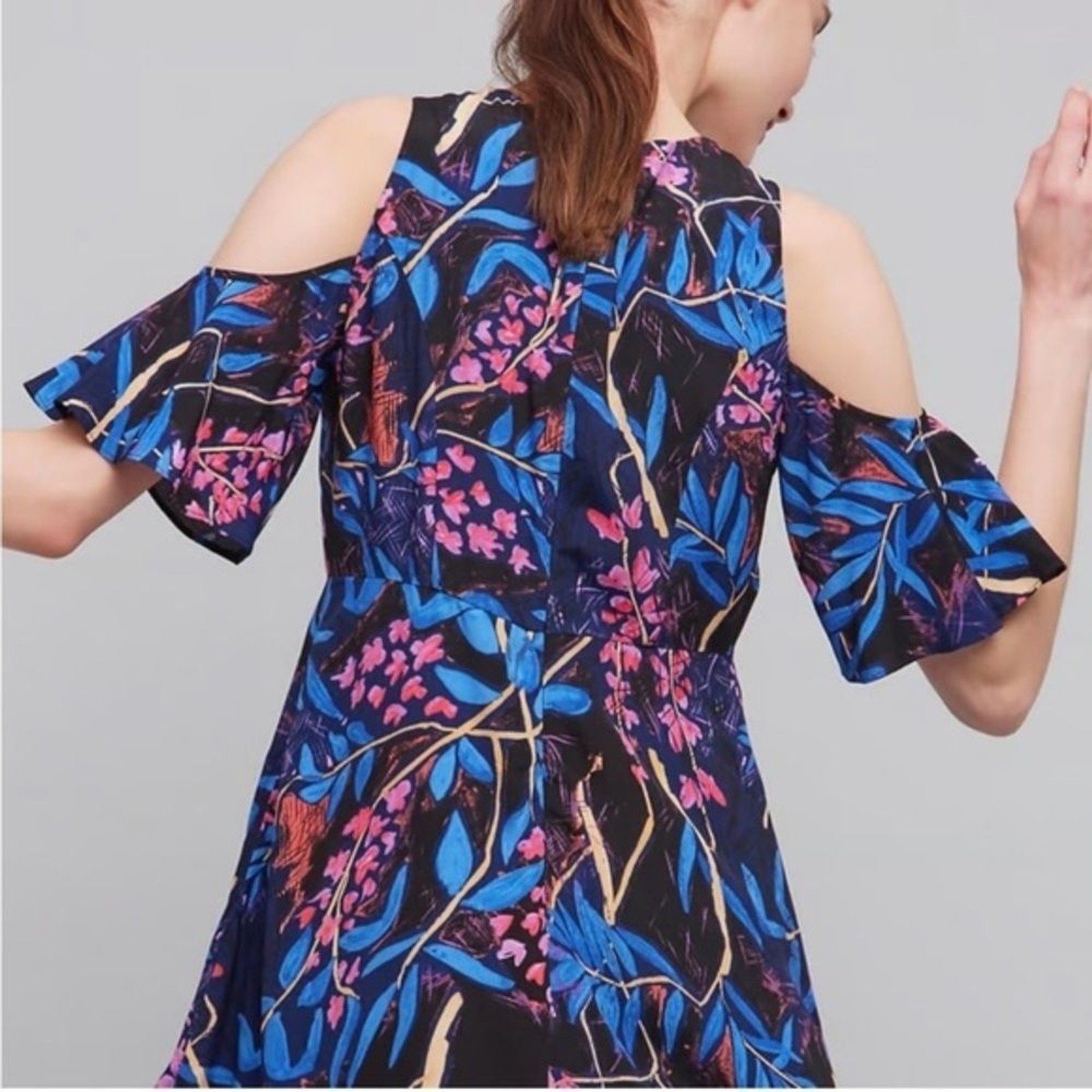 ANTHRO MAEVE ELIA NAVY MARINE MULTI COLD SHOULDER SHORT SLEEVE FLORAL DRESS 6