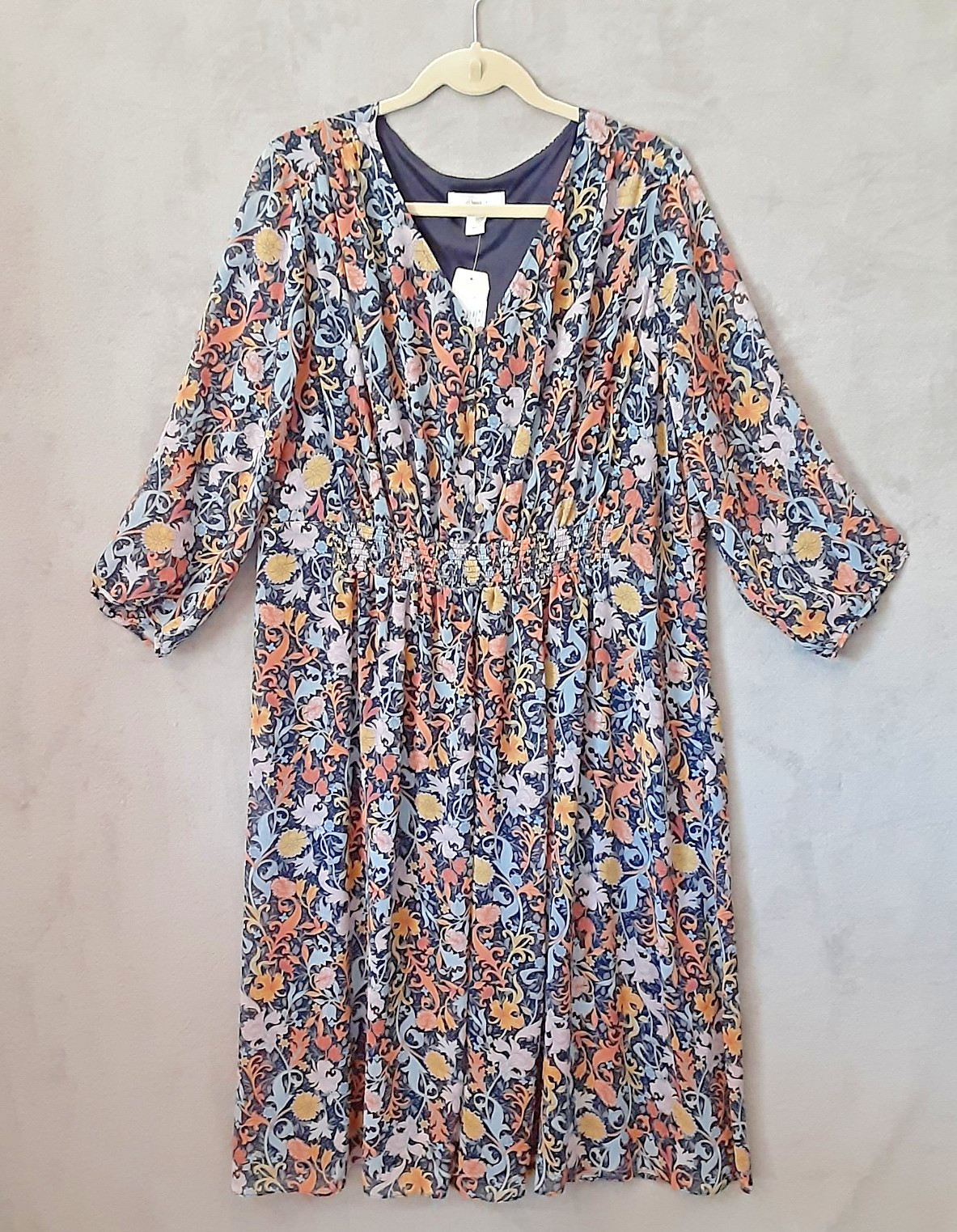 NWT CJ Banks Floral Dress 2X Lightweight Lined 3/4 Sleeves V-Neck Gathered