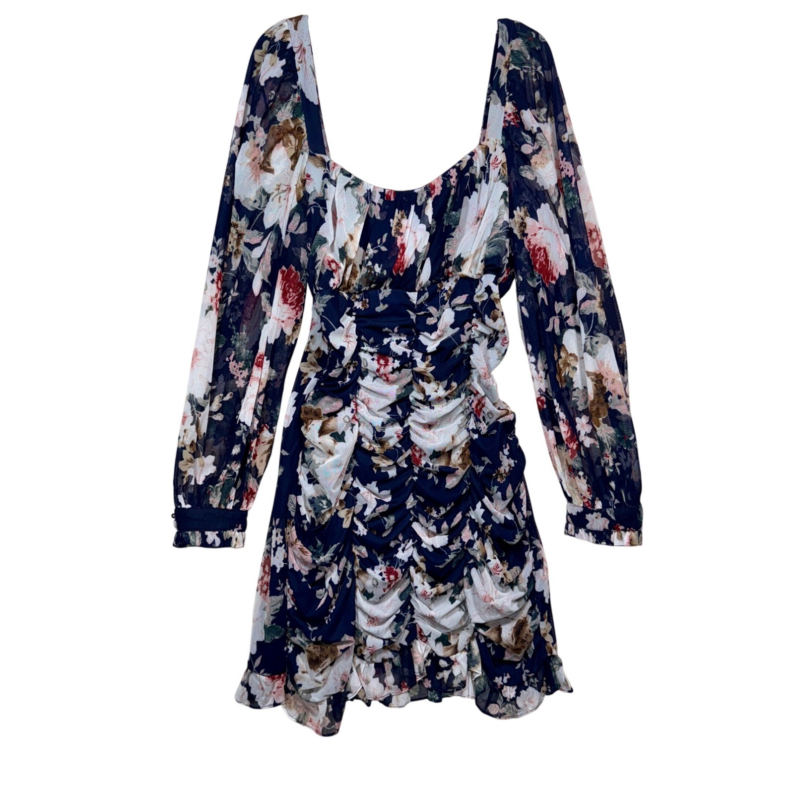 Milk & Honey Navy Blue Floral Ruched Mesh Mini Dress Square Neck Long Sleeve L