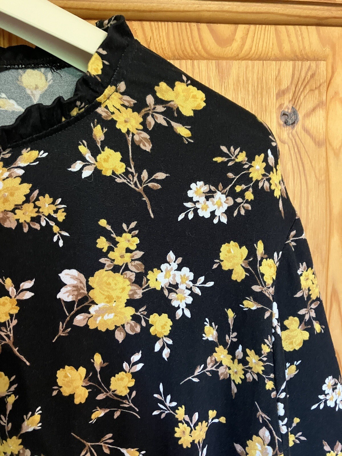 Black With Yellow Floral Pattern Knee Length Dress, XL by Pep&Co Long Sleeve