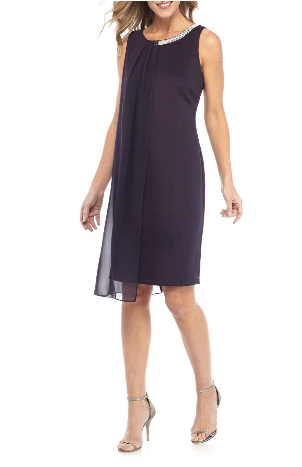 Dark Purple Chiffon Sleeveless Shift Dress Beaded Scoop Neck Knee Length Women