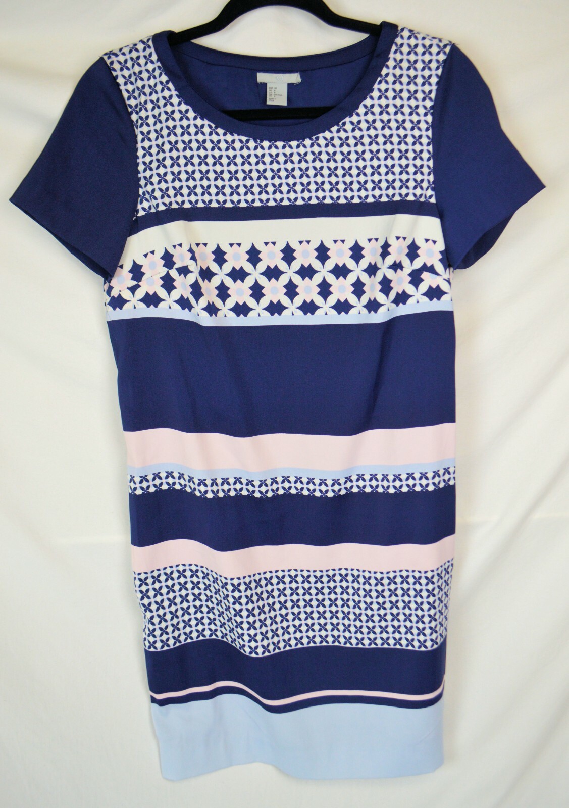 H&M Navy Pink White Shift Dress Womens 8 Sleeveless Lined