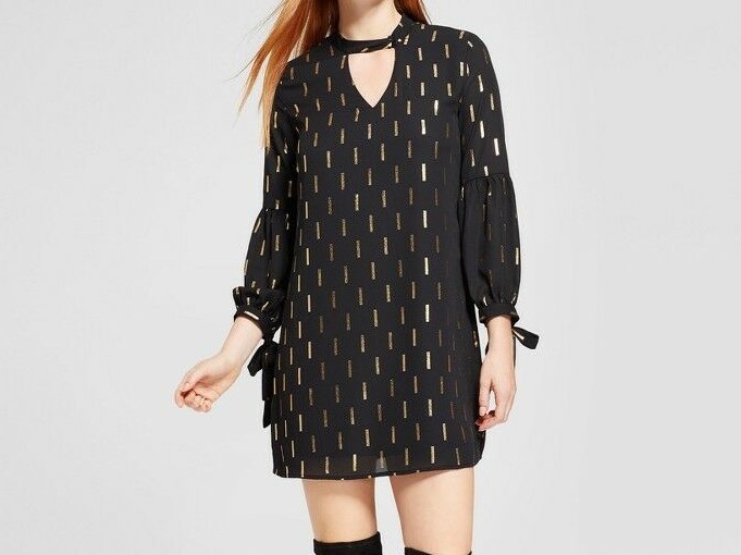 Eclair Women’s Black Choker Neck Lurex Printed Shift Dress, Large