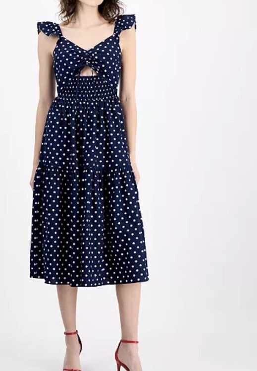 And Now This Navy/ White Polka Dot-Print Cutout Smocked Tiered Midi Dress Large