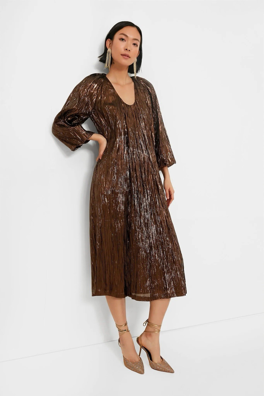 NWT Tuckernuck Hyacinth‎ House Bronze Metallic Plisse Dorinda Dress (XS)