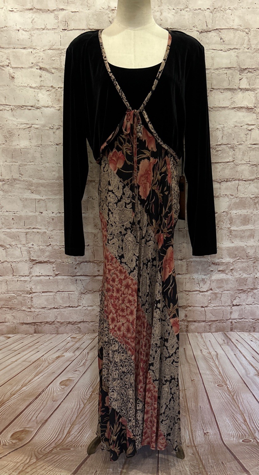 CAROLE LITTLE Black Floral Printed Maxi Dress + Velvet Bolero Jacket Size 14 VTG