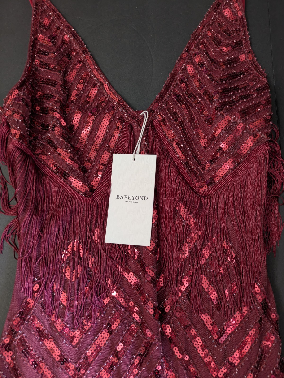 NEW Babeyond Beaded Sequin Fringe Flapper Gatsby Dress Women’s Small Maroon
