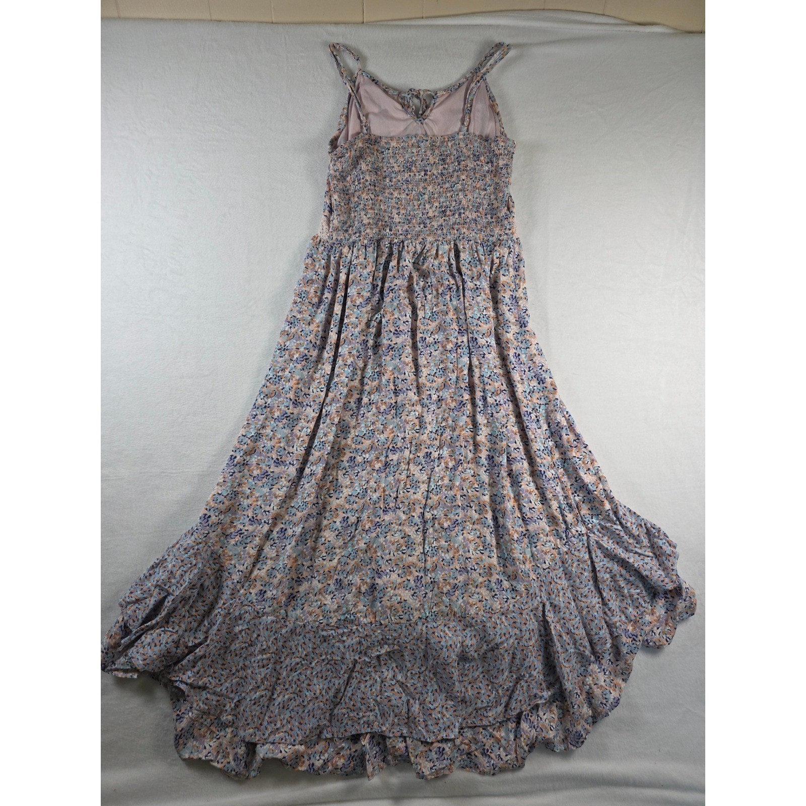 Floral Maxi Dress Crochet Ruffle Hem Large Pink Blue Boho Summer Cottagecore
