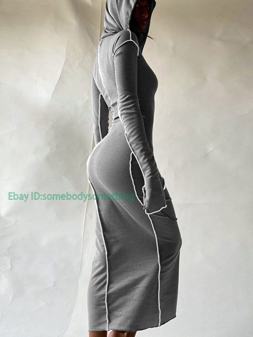 Long Sleeve Hooded Patchwork Skinny Maxi Dress Autumn Winter Women Fashion