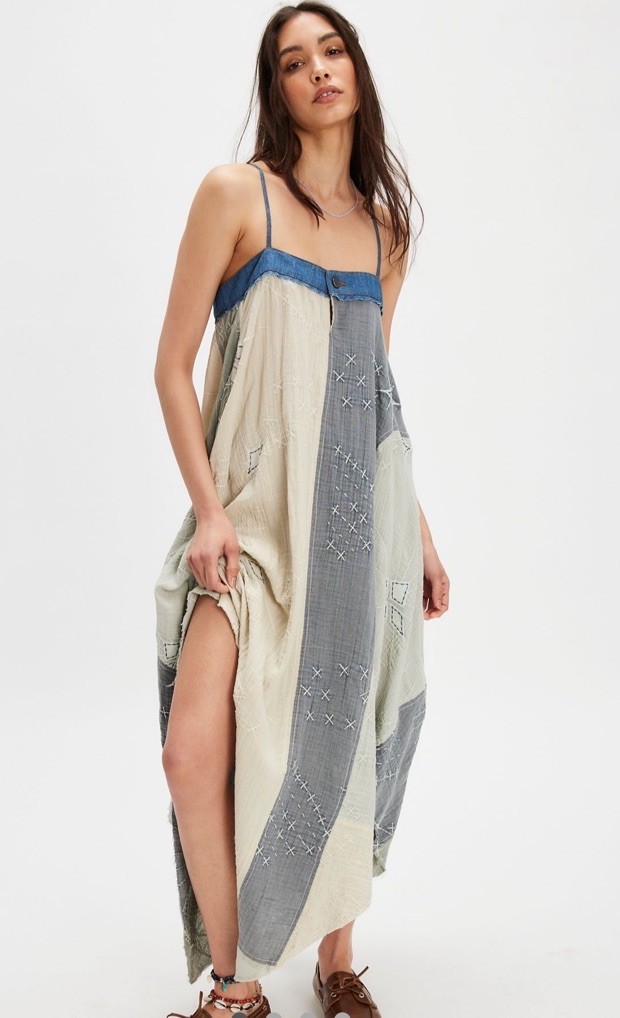 Free People Northern Star Midi Maxi Dress Patchwork Gauzy Fade Blue Wash M NWT