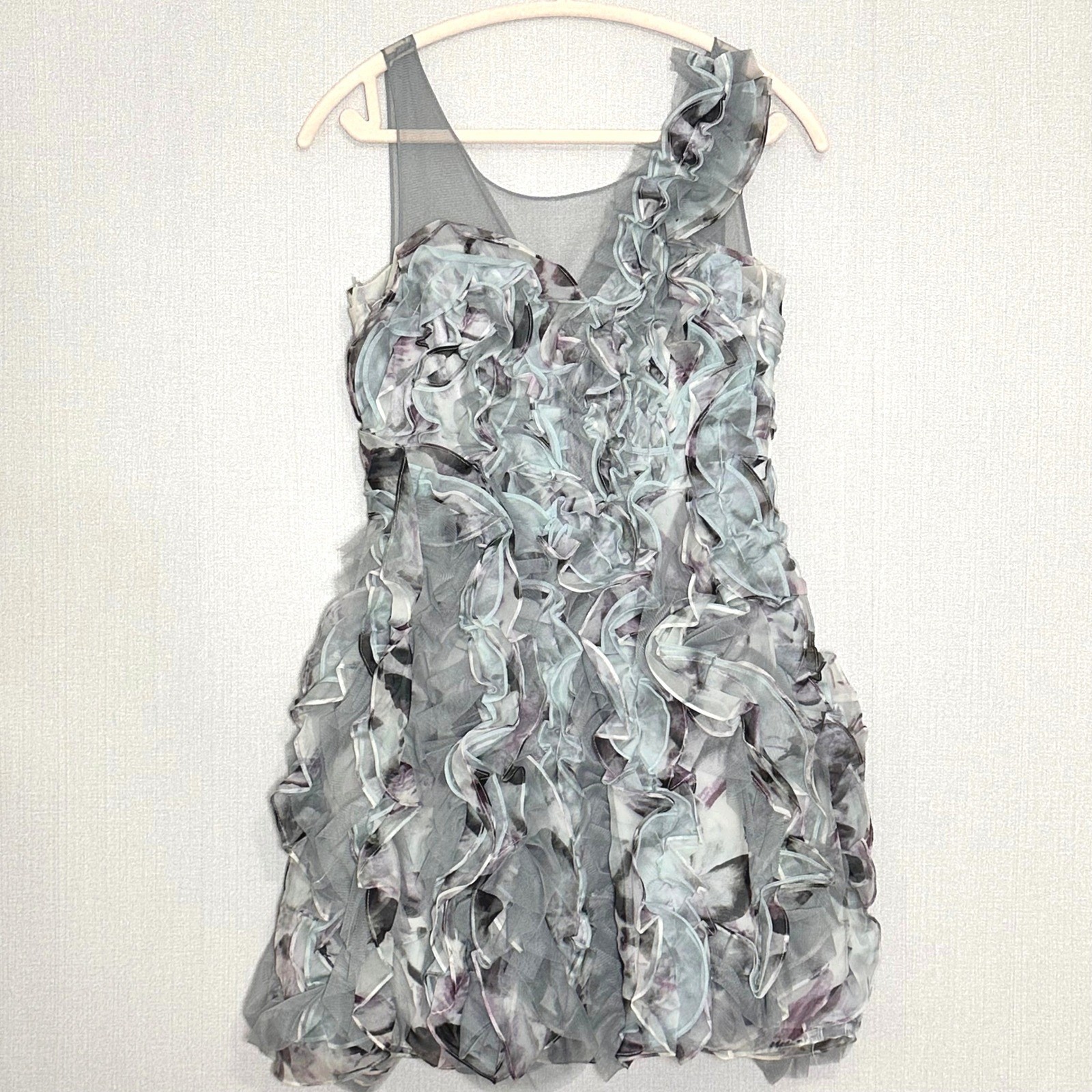 BCBGMAXAZRIA Eva Silk Ruffle Cocktail Mini Dress Agate Combo Grey Purple Size 2