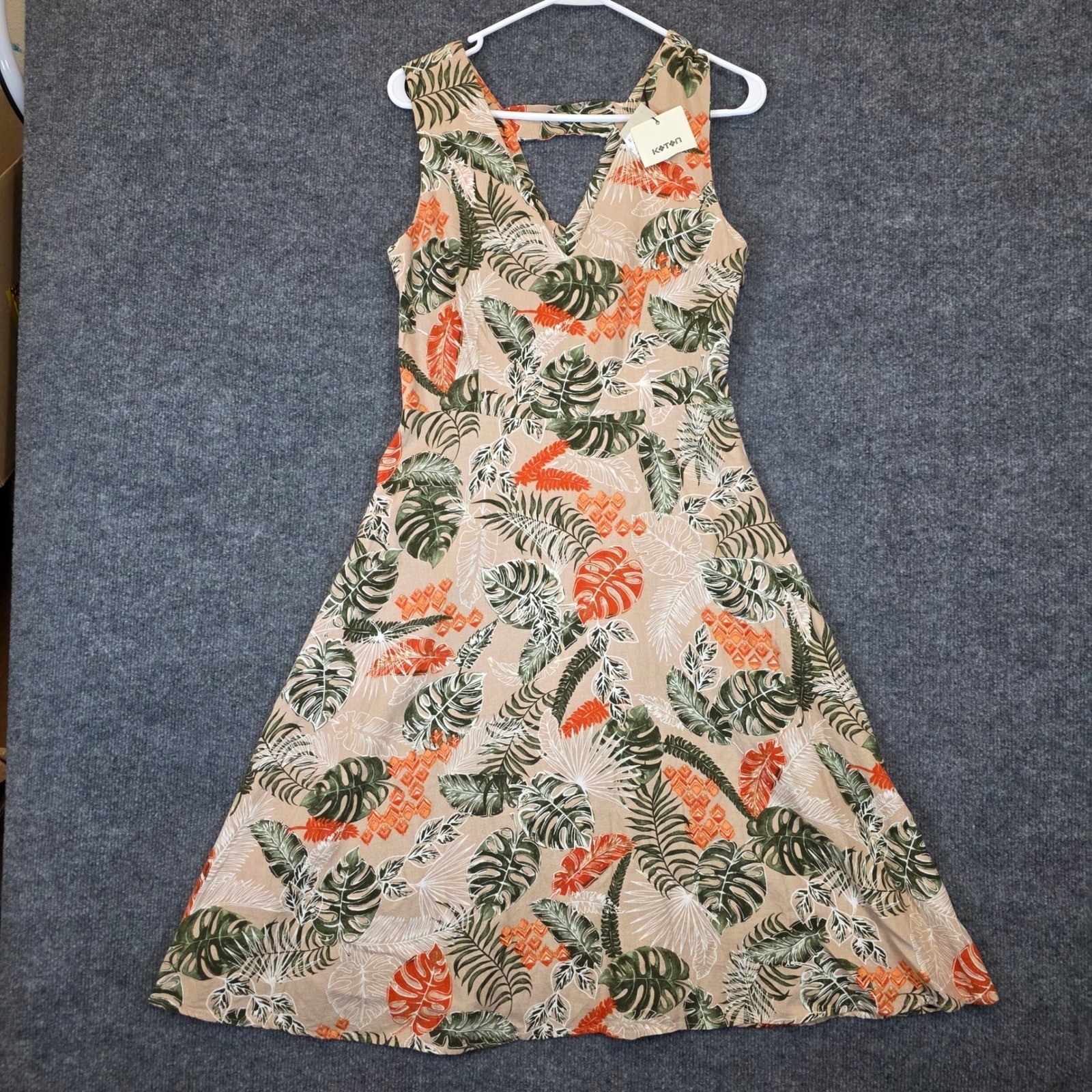 Koton Tropical Leaf Print Midi Dress Women EUR 38 US 6 Beige Green Orange V-Neck