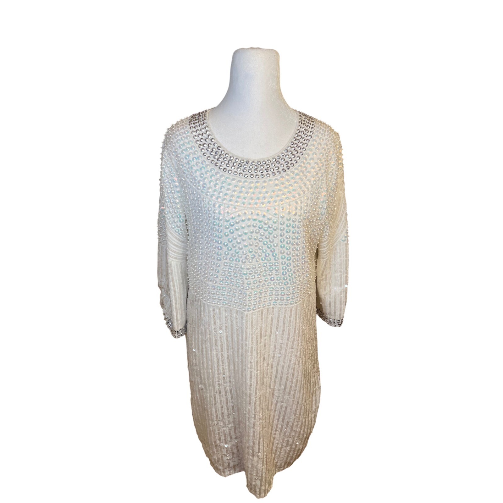 Parker White Pearl Beaded Sequin Flapper Dress Gatsby Glamour Party Size 6 EUC