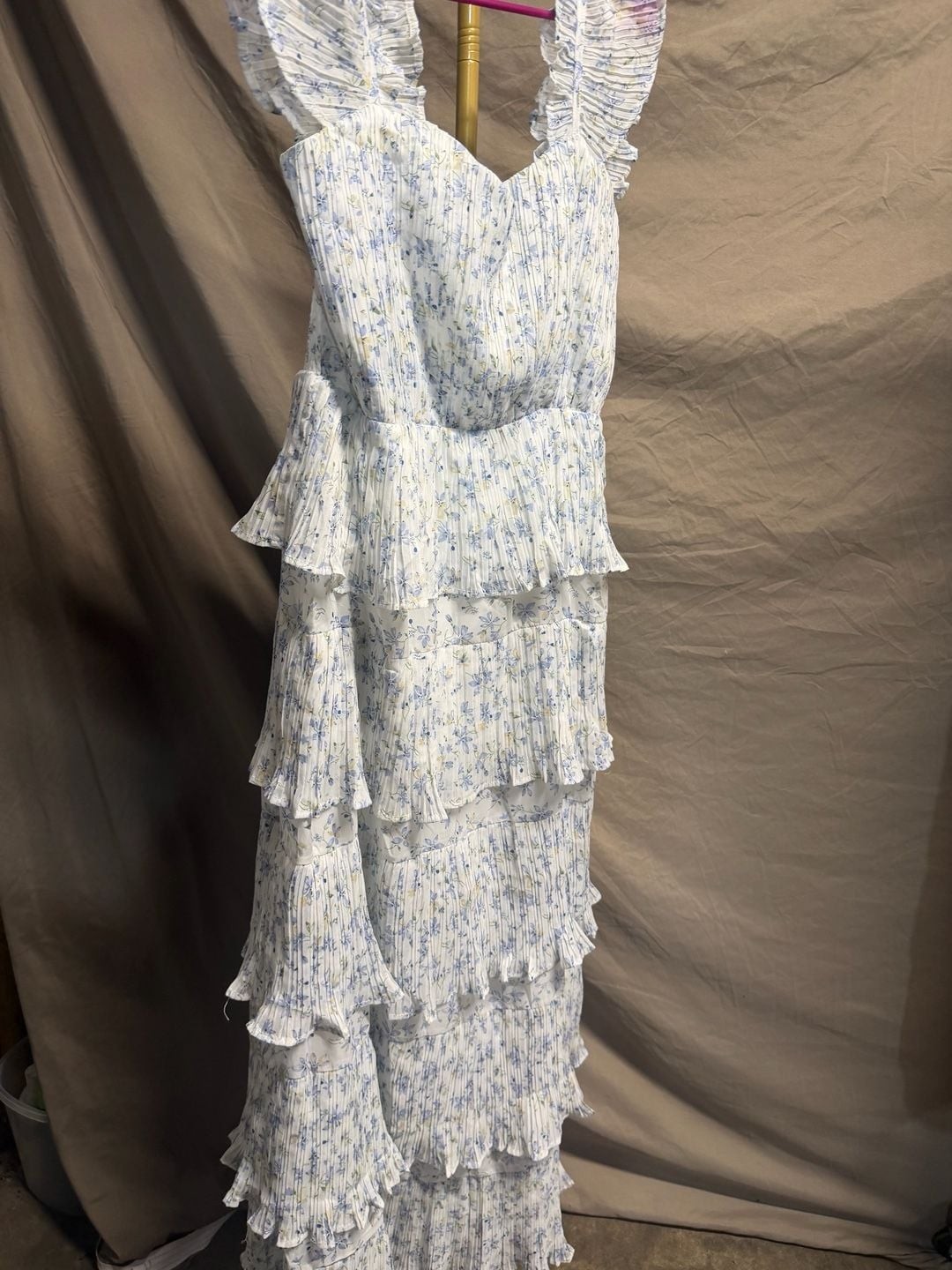 Just Me Blue Floral Pleated Tiered Midi Dress with Ruffle Straps. Waist 15 1/2-