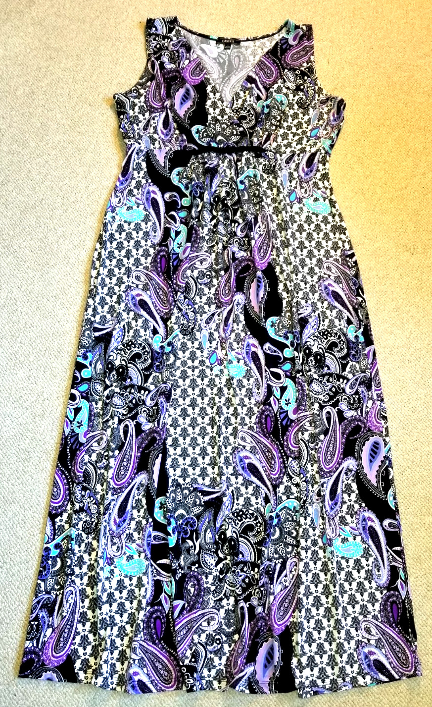 Womens Dress-ELEMENTZ-purple/black paisley knit maxi empire waist BOHO resort-L