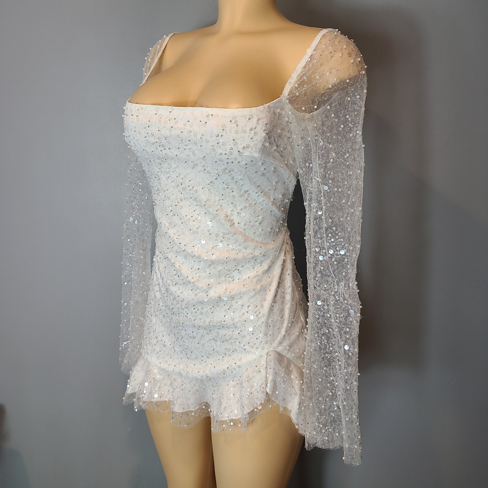 Lucy In the Sky Calendula Sequin Mesh Mini Dress White Coquette Fairy Sz XS