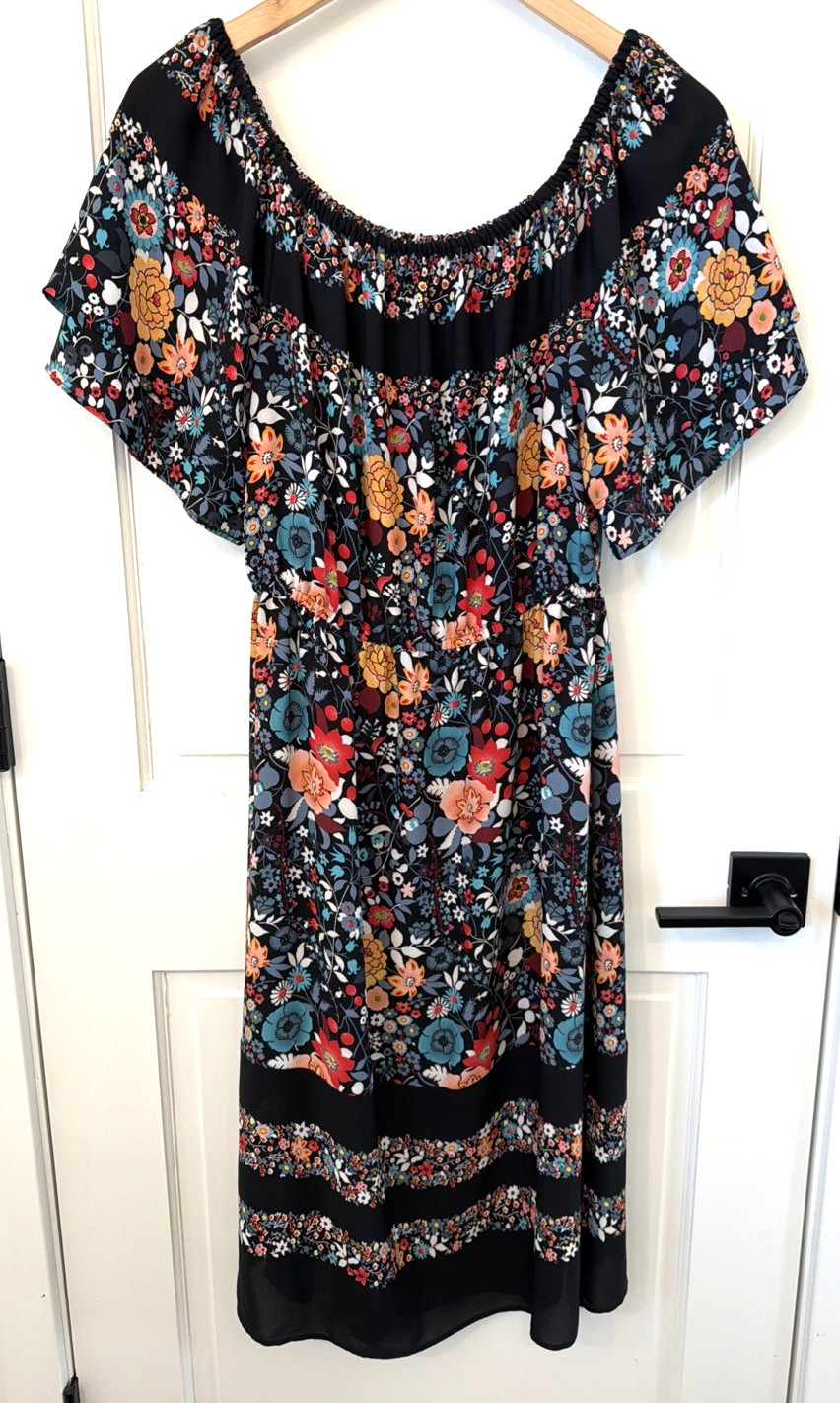 Loft Black Multicolor Dark Floral On / Off Shoulder Peasant Dress S Boho Hippie