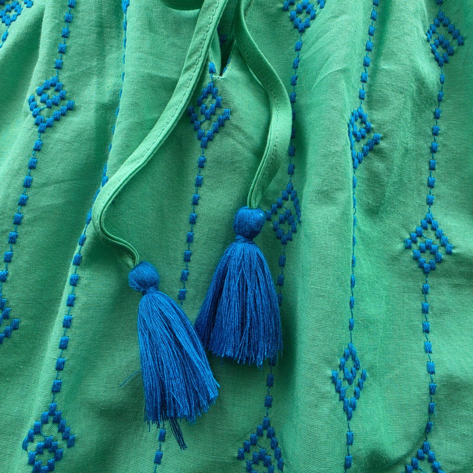 Umgee Green Embroidered Cotton Tassel Boho Babydoll Mini Dress Small