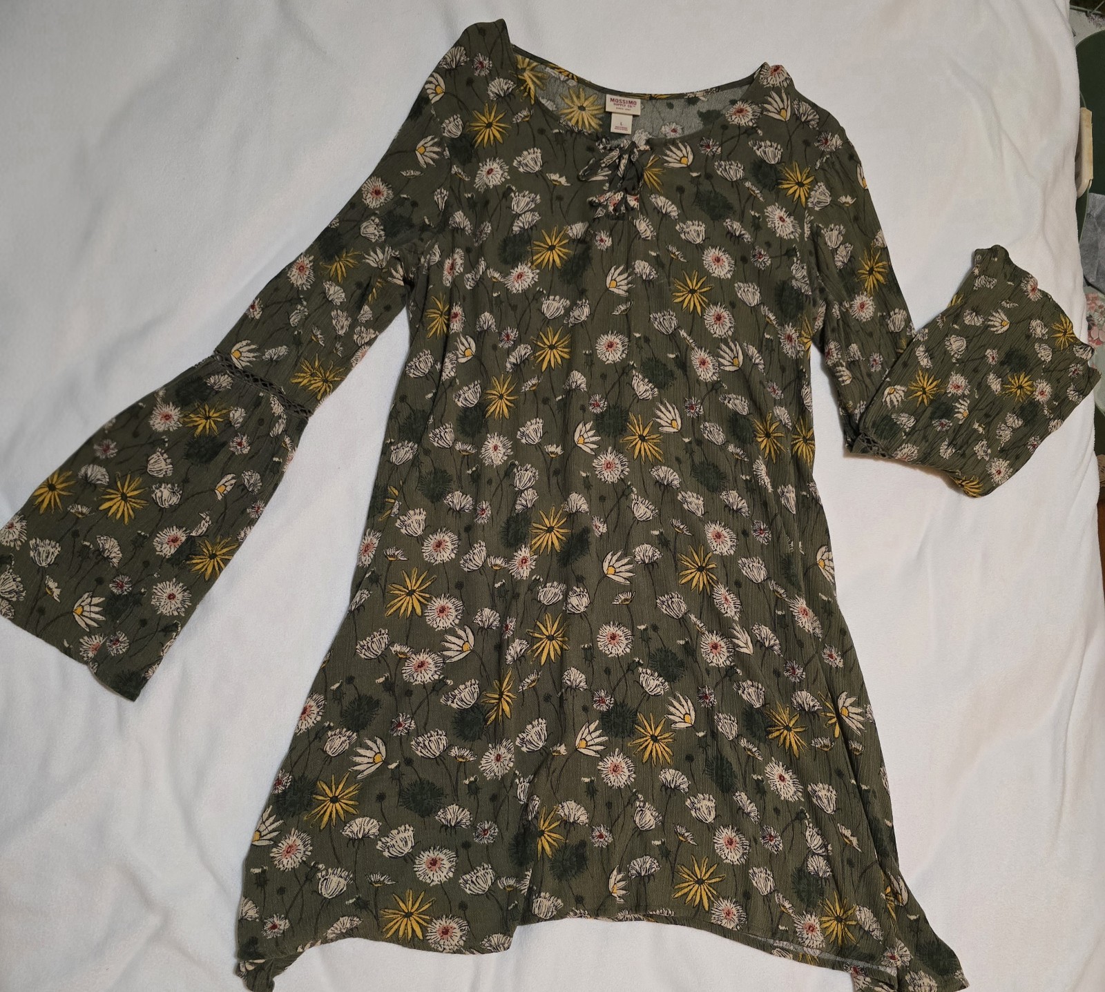 Womens Large Mossimo Olive Green Sunflower Print Boho Hippie Floral Mini…