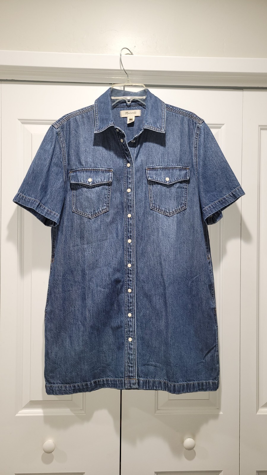 Madewell (M) Denim Mini Shirtdress w/ hip slit pockets Full Pearl Snap Front EUC