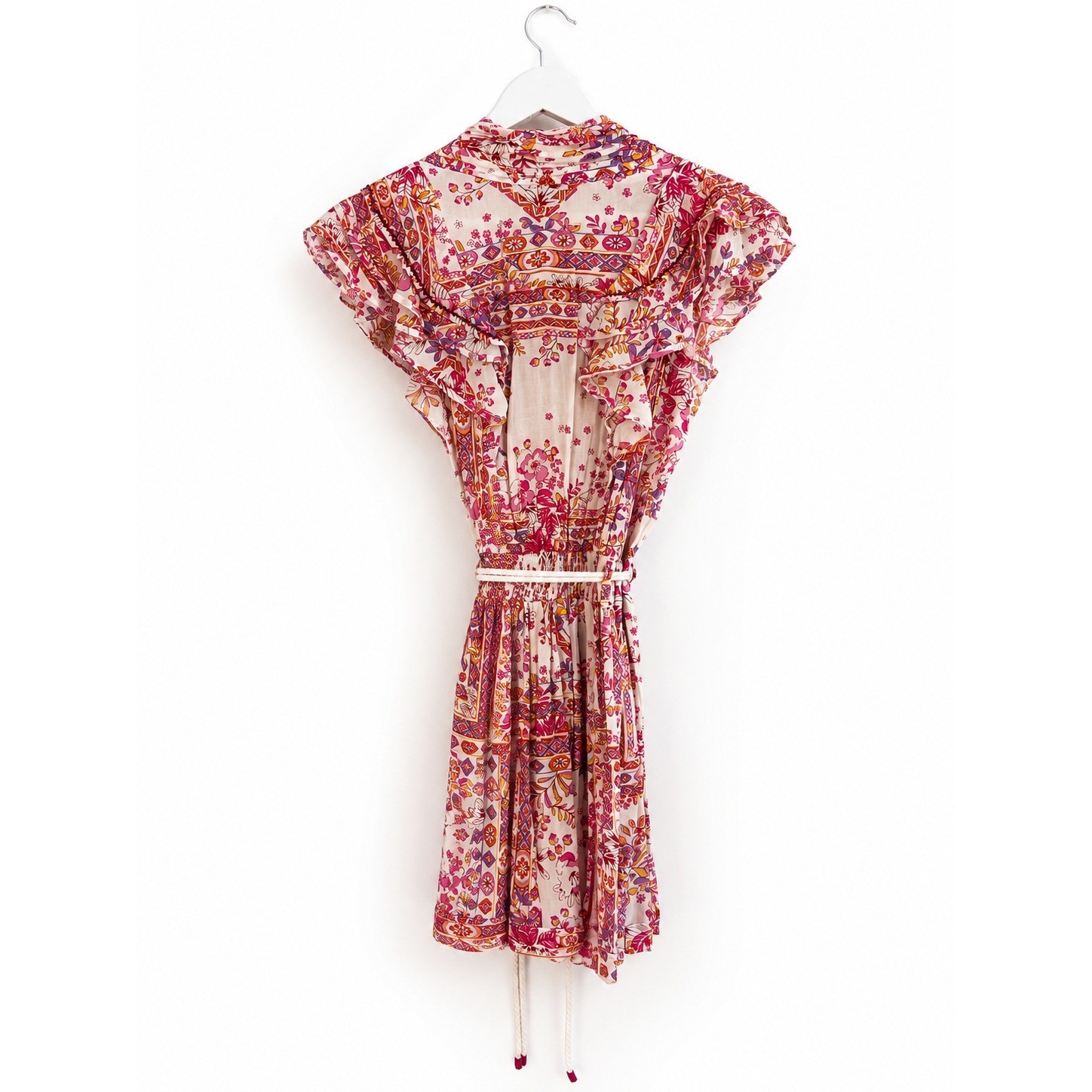 Poupette St Barth Pink Floral Paisley Ruffle Mini Dress Size M Drawstring Waist