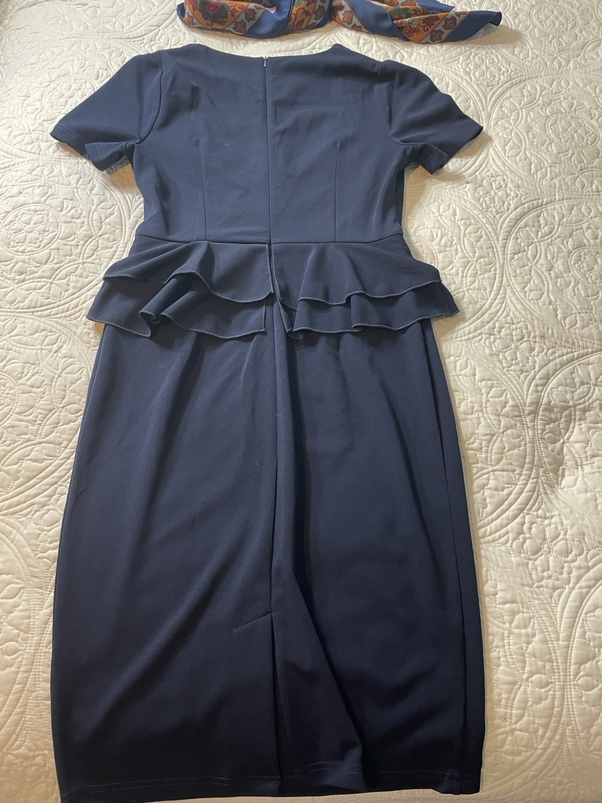 Alivire Blue Solid Sheath Peplum Midi Dress, Short Sleeve, Zip, Button