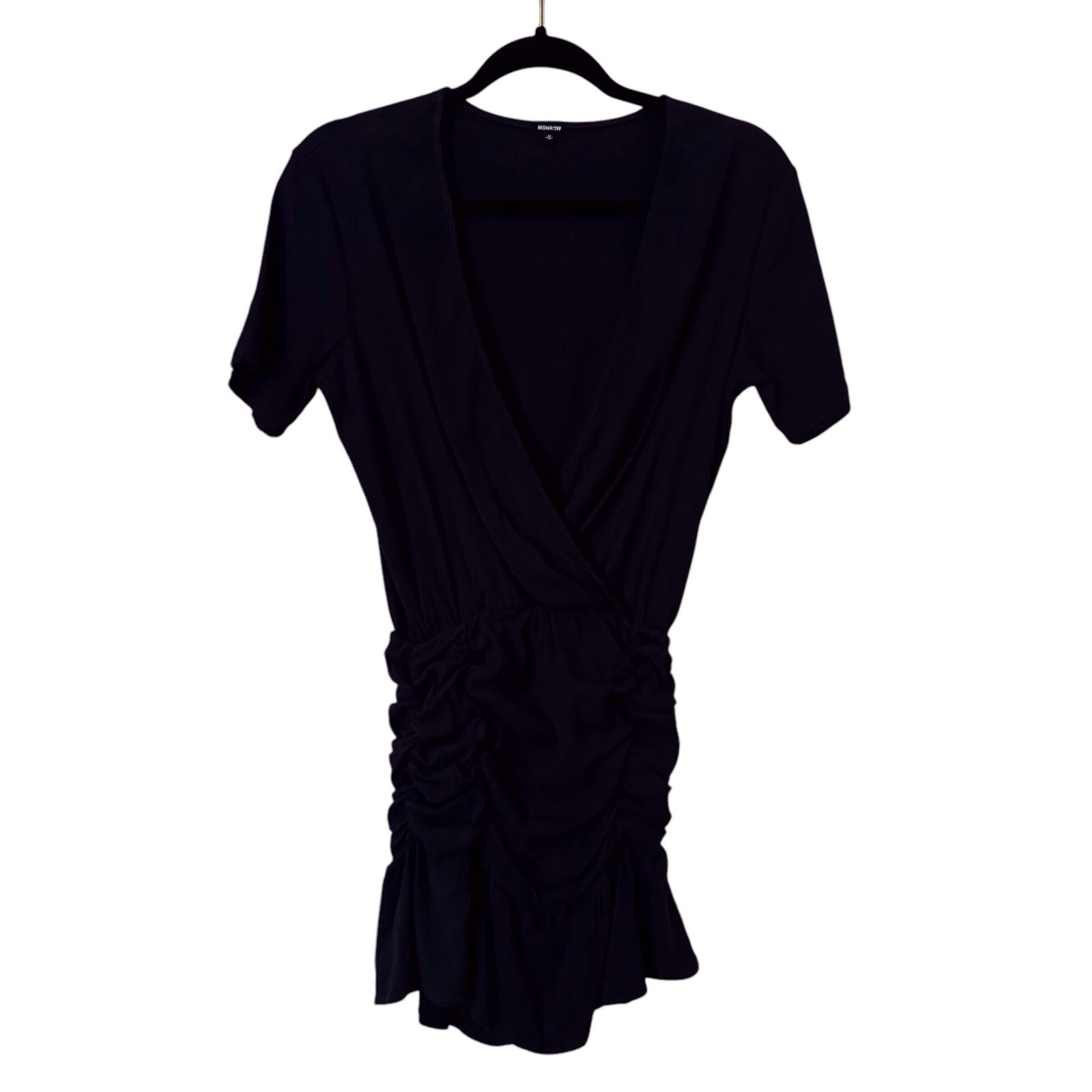 Monrow Size Medium Black Boho Western Ruffled Hem Ruched Woven Wrap Mini Dress