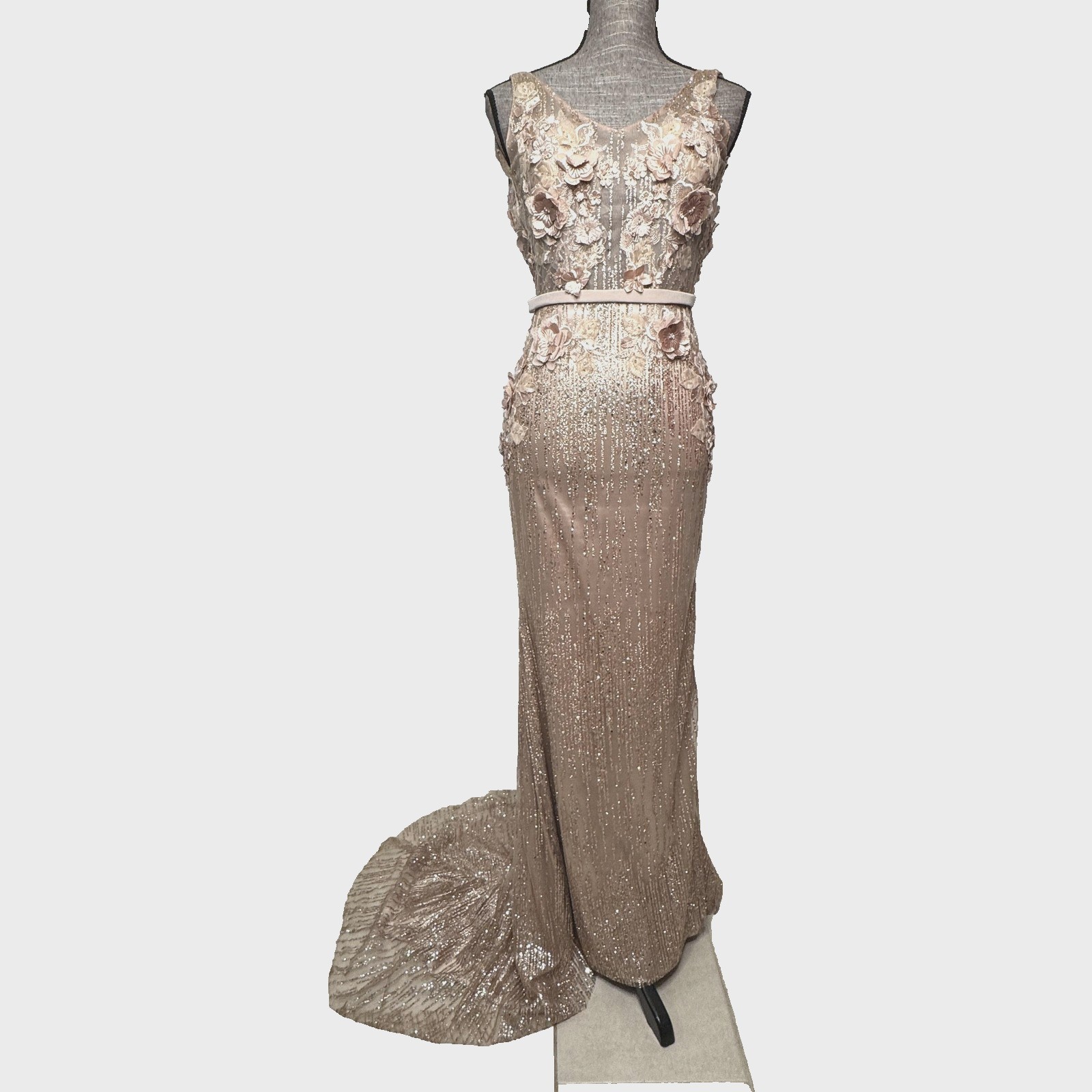 Portia & Scarlett Gown Womens 0 Rose Gold Sequin Floral Applique Mermaid Train