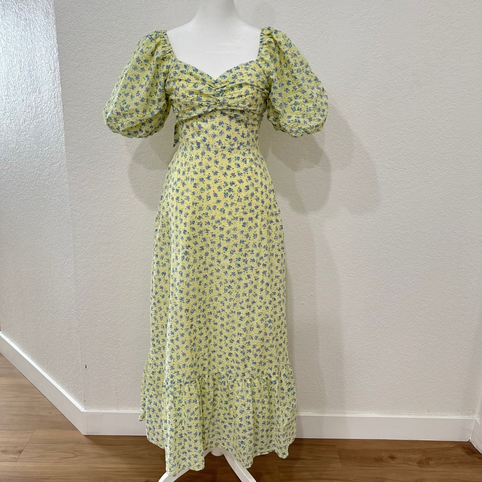 English Factory Maxi Dress Womens Small Yellow Floral Puff Sleeve Tie Back