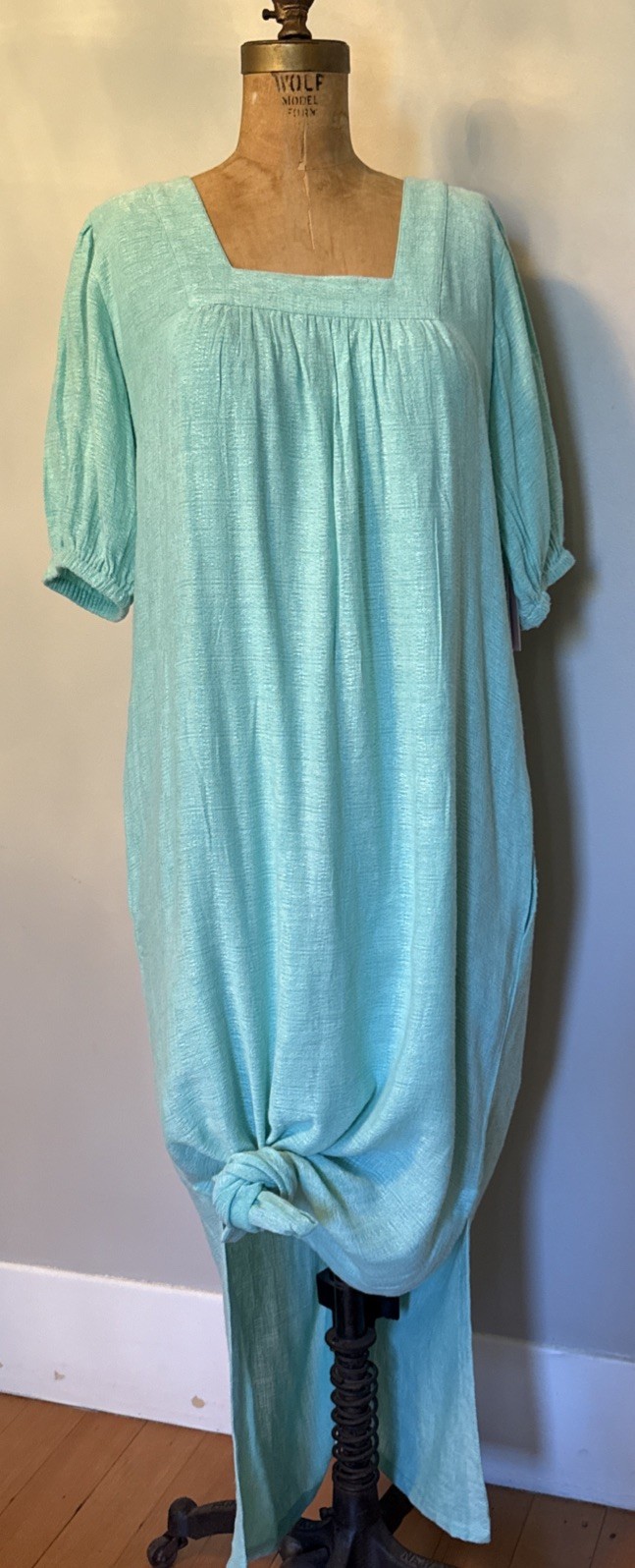 Never A Wallflower Square Neck Aqua Blue Maxi Muumuu Dress Pockets Side Slits S