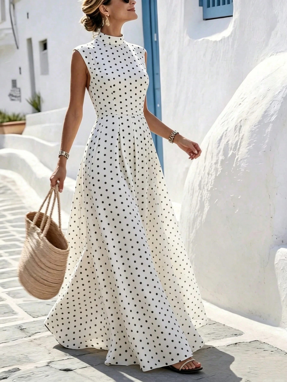 Elegant Polka Dot Pattern Backless Long Dress for Women