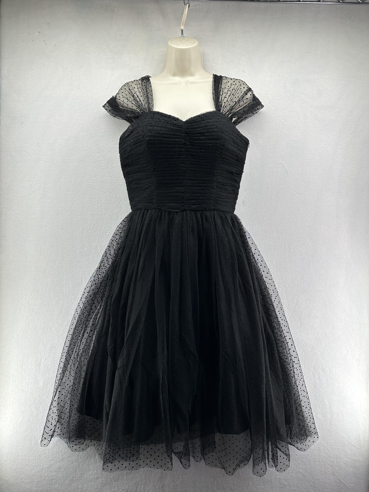 Unique Vintage Dress Womens Large Black Polka Dot Tulle Fit & Flare Cocktail