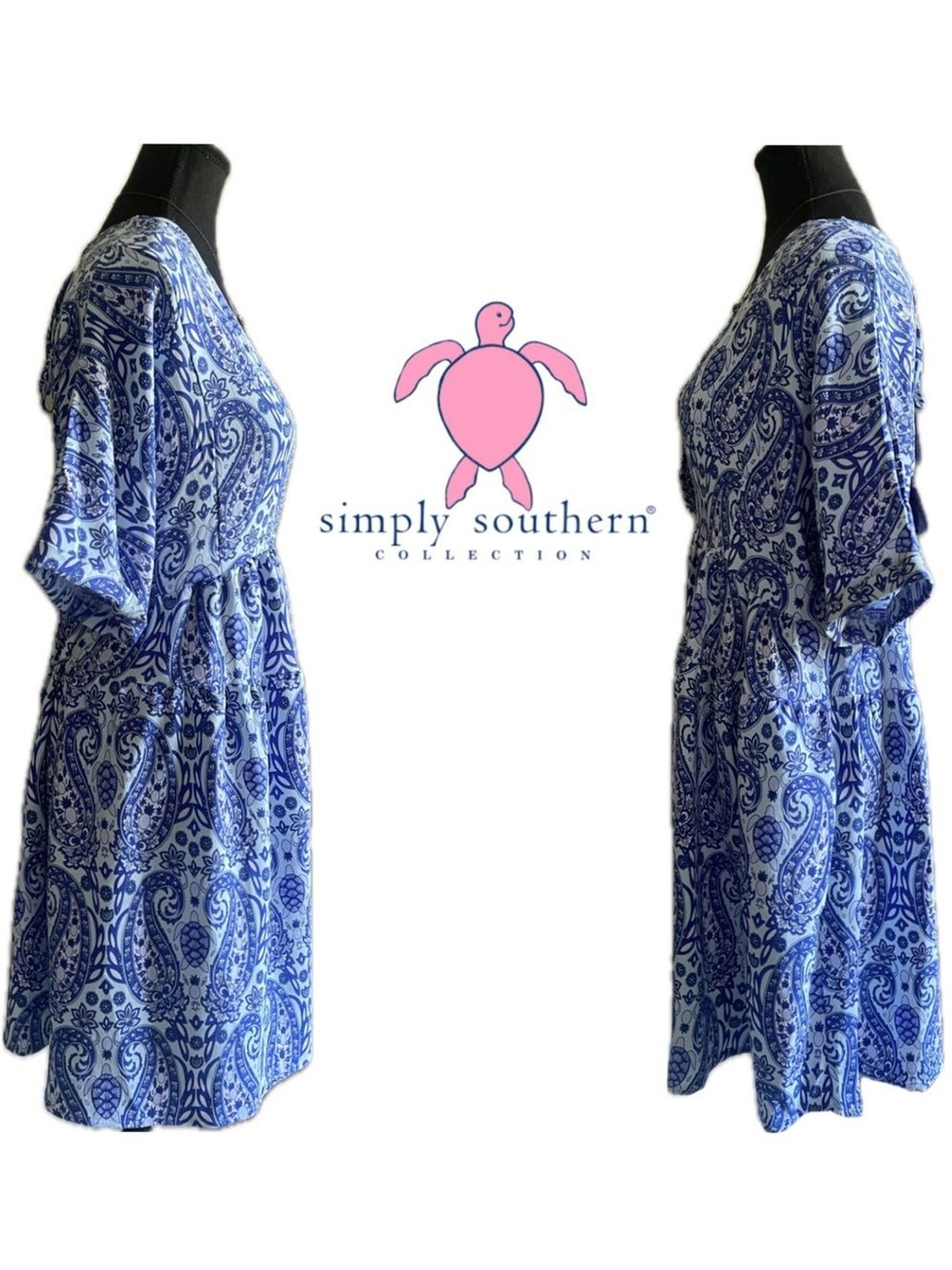 Simply Southern Sea Turtle Pineapple Blue Paisley Dress POCKETS Beach Coastal M