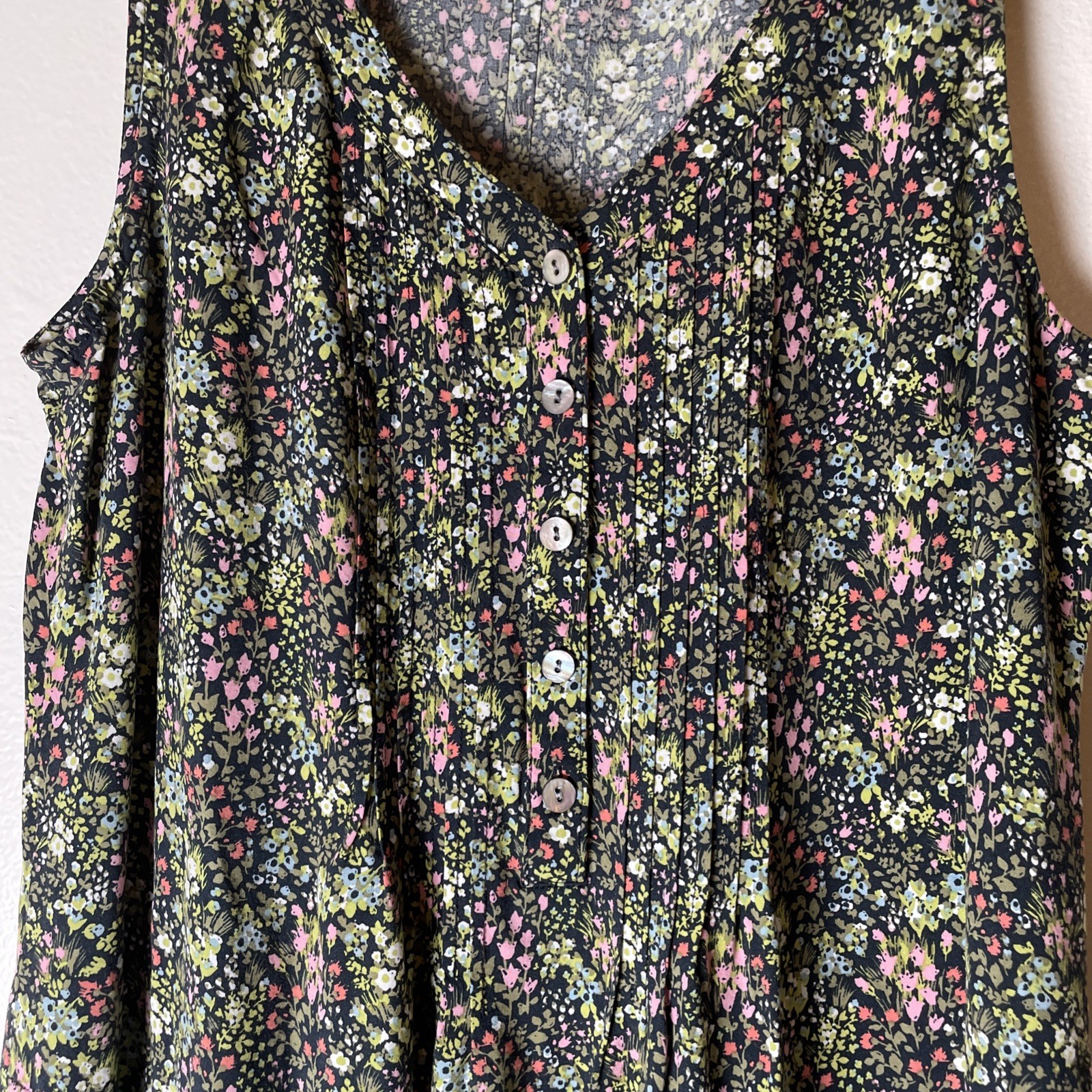 J.Jill Floral Meadow Sleeveless Button Shirt Dress XS Pockets Summer Pretty