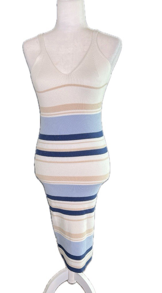 Willow & Wind blue tan and white striped bodycon strappy midi dress m medium