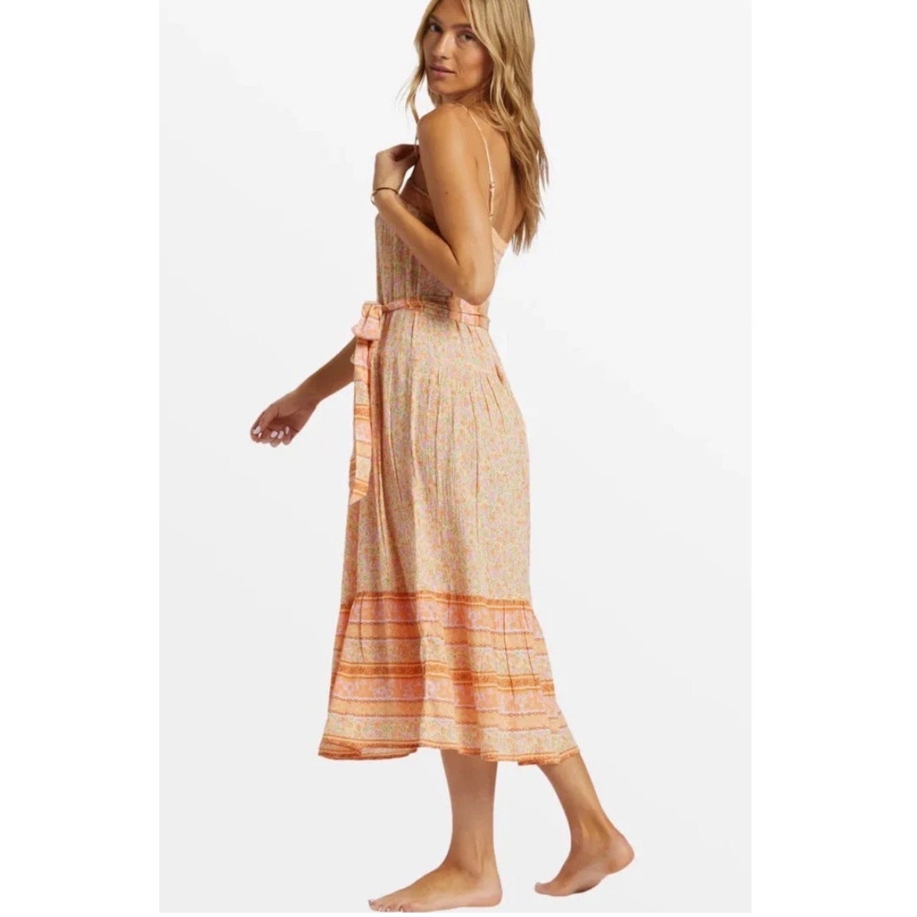 Billabong Maxi Dress Small Peach Coral Floral Belted Boho Beach Resort Vacation