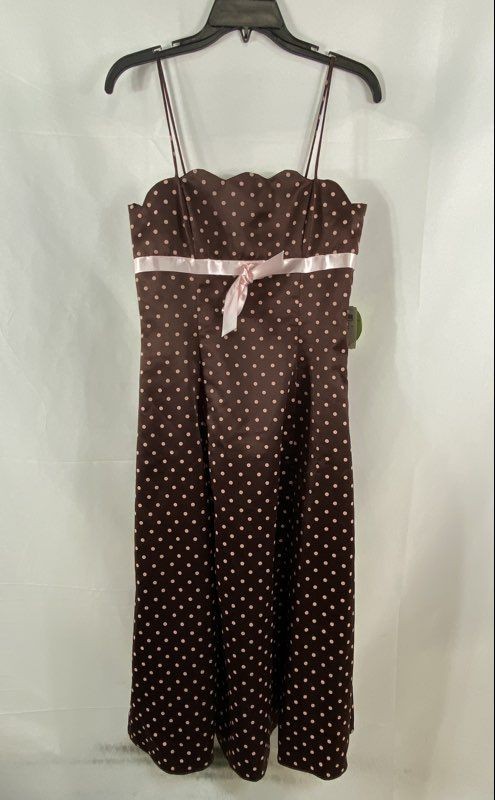 Windsor Women’s Brown Pink Polka Dot Scalloped Neck Satin Bow Midi Dress Sz 5/6
